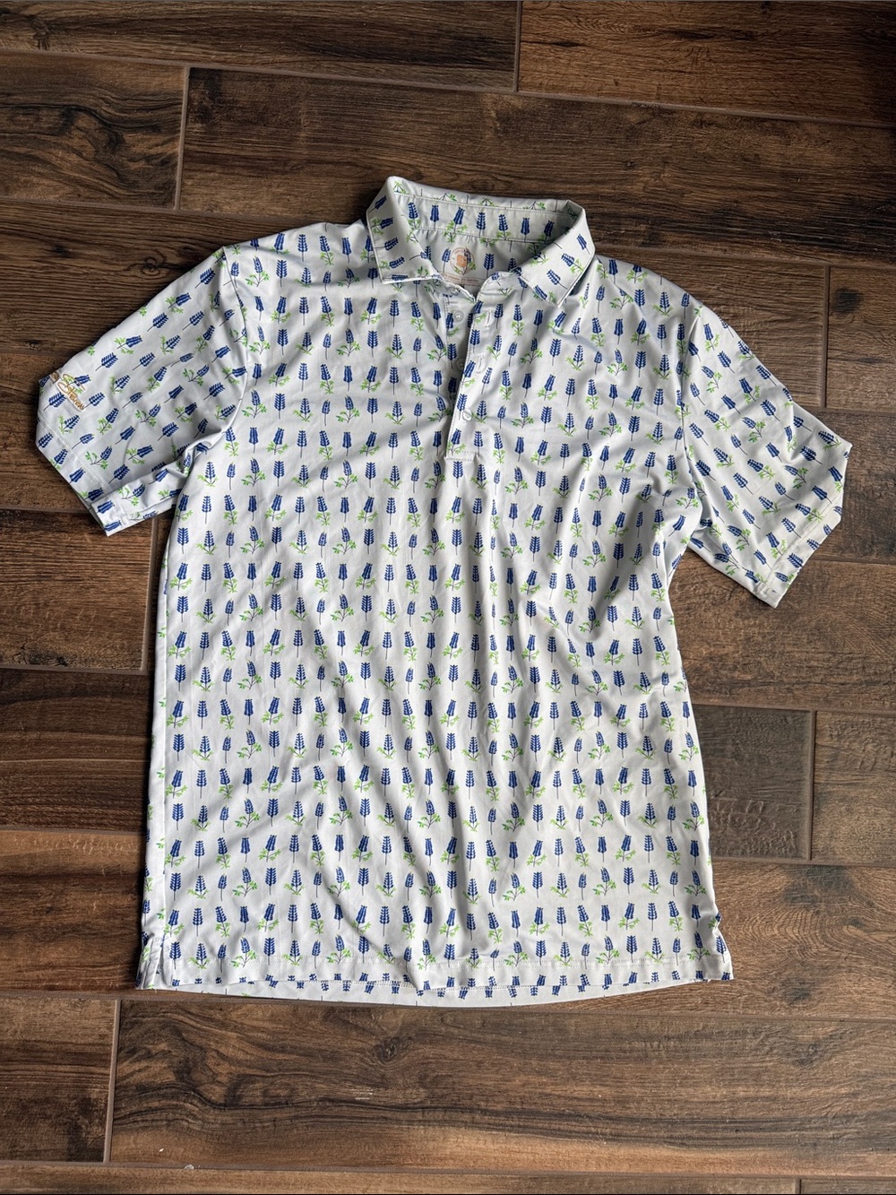 Classic White Polo with Blue & Green Print